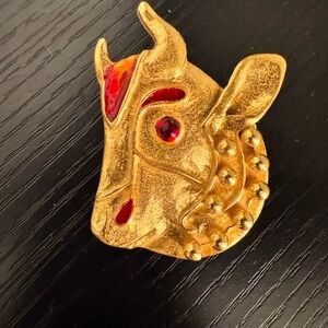 Gold-tone Cow Head Brooch with Red Enamel Accents